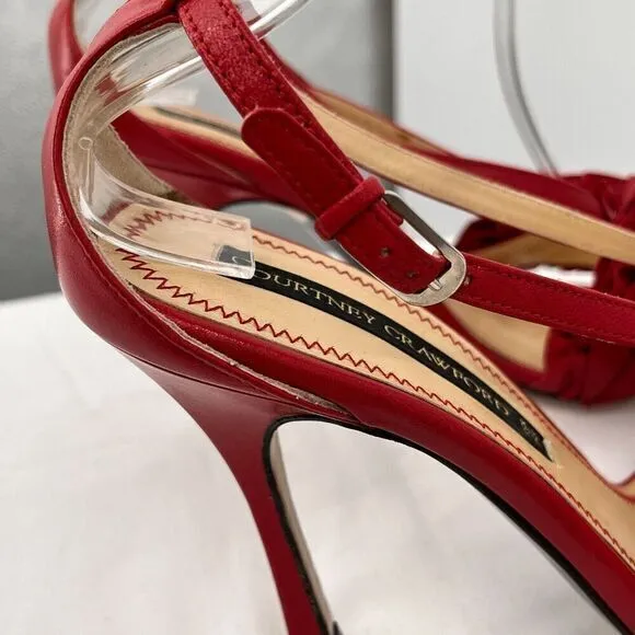 Courtney Crawford Ruffle Leather Strappy Heels Sandals Red 38.5 (8) Made‎ Italy