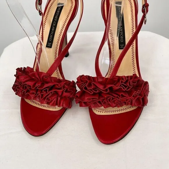 Courtney Crawford Ruffle Leather Strappy Heels Sandals Red 38.5 (8) Made‎ Italy