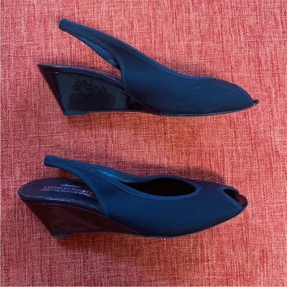Couture Donald J Pilner Black Slingback Wedge Peeptoe Shoes