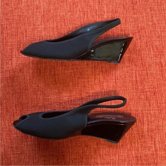 Couture Donald J Pilner Black Slingback Wedge Peeptoe Shoes