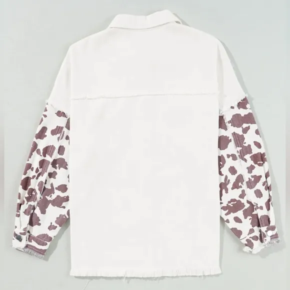 Cow Patchwork Oversized Denim Button-Up Collar Jean Jacket Frayed Exposed Seam