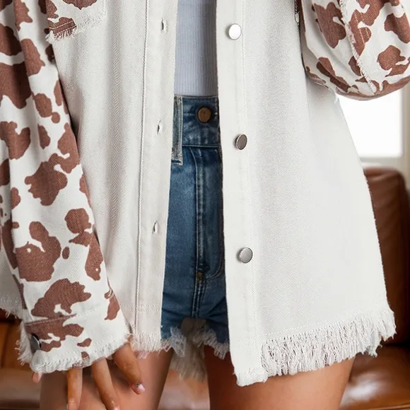 Cow Patchwork Oversized Denim Button-Up Collar Jean Jacket Frayed Exposed Seam