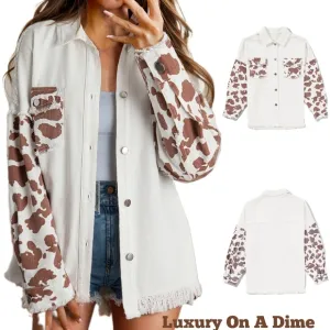 Cow Patchwork Oversized Denim Button-Up Collar Jean Jacket Frayed Exposed Seam