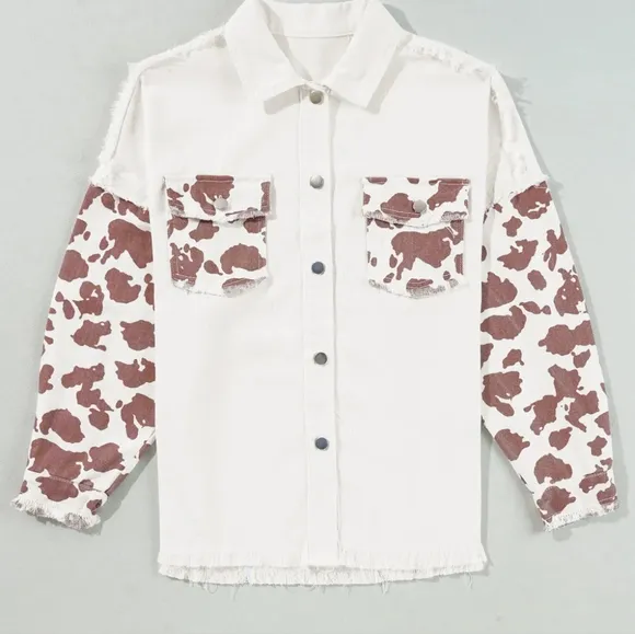 Cow Patchwork Oversized Denim Button-Up Collar Jean Jacket Frayed Exposed Seam