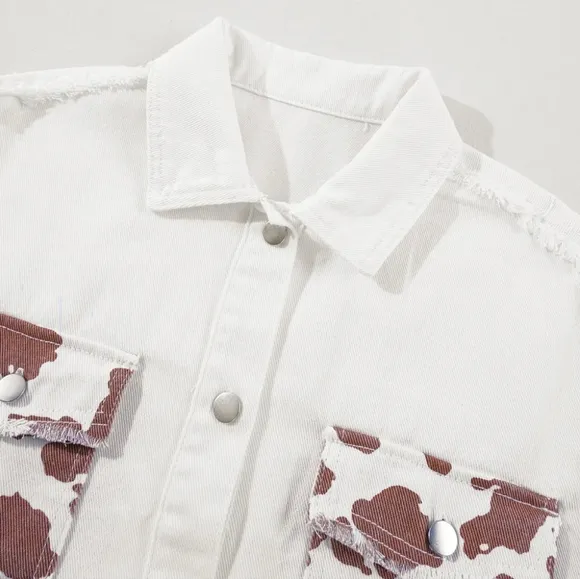 Cow Patchwork Oversized Denim Button-Up Collar Jean Jacket Frayed Exposed Seam