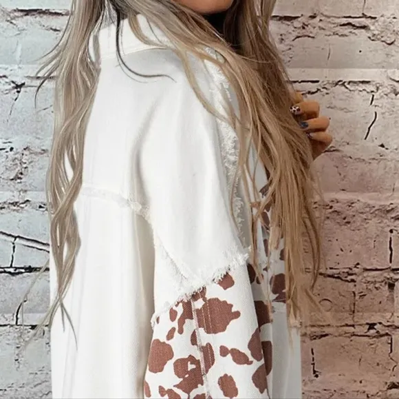 Cow Patchwork Oversized Denim Button-Up Collar Jean Jacket Frayed Exposed Seam
