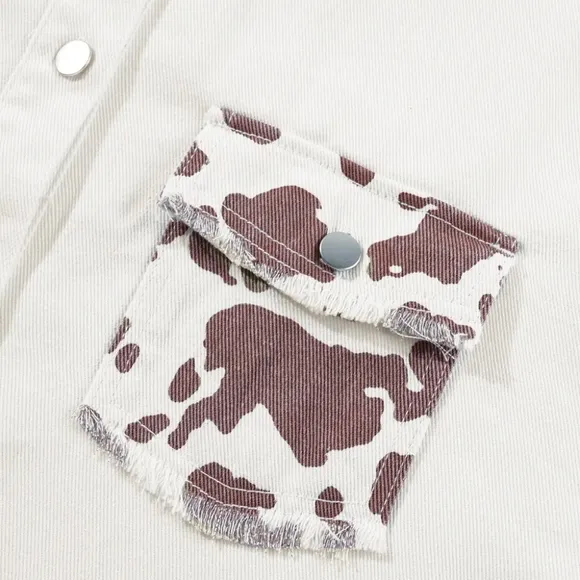 Cow Patchwork Oversized Denim Button-Up Collar Jean Jacket Frayed Exposed Seam