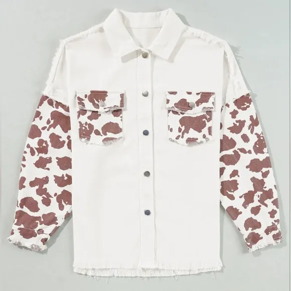 Cow Patchwork Oversized Denim Button-Up Collar Jean Jacket Frayed Exposed Seam