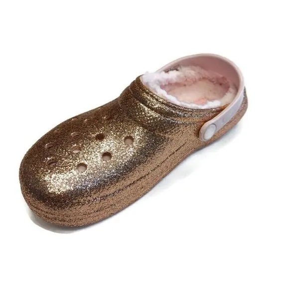 CROCS Baya Glitter Lined Clog K Lightweight Slip On Clogs Shoes Gold Pink Sz J4