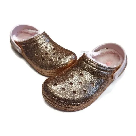 CROCS Baya Glitter Lined Clog K Lightweight Slip On Clogs Shoes Gold Pink Sz J4