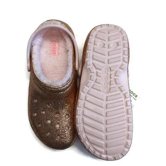 CROCS Baya Glitter Lined Clog K Lightweight Slip On Clogs Shoes Gold Pink Sz J4