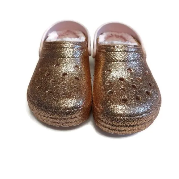 CROCS Baya Glitter Lined Clog K Lightweight Slip On Clogs Shoes Gold Pink Sz J4