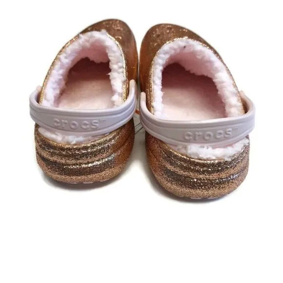 CROCS Baya Glitter Lined Clog K Lightweight Slip On Clogs Shoes Gold Pink Sz J4