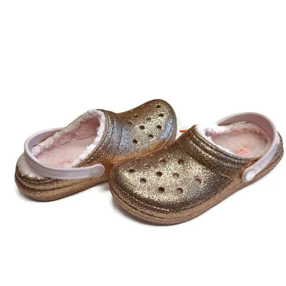 CROCS Baya Glitter Lined Clog K Lightweight Slip On Clogs Shoes Gold Pink Sz J4