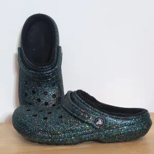 Crocs Dark Glitter Fuzzy Lined Clogs Shoes