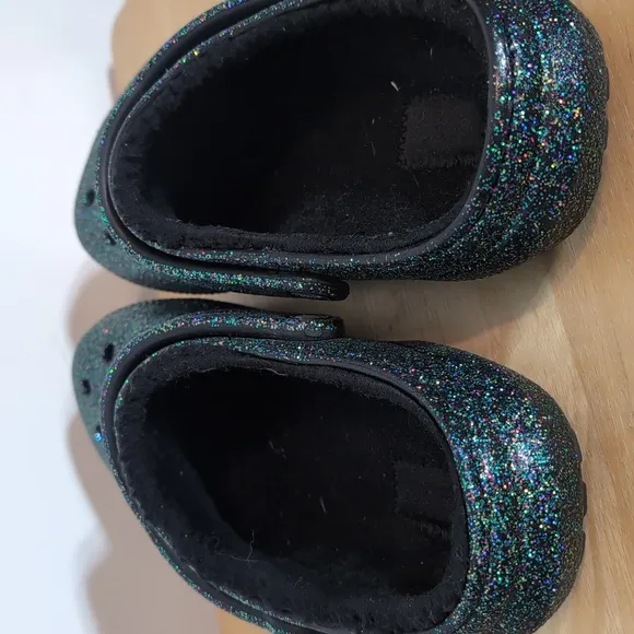 Crocs Dark Glitter Fuzzy Lined Clogs Shoes
