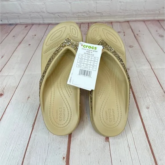 Crocs Sloane Glitter Chai/Gold Wedge Flip Flop Sandals Women’s Sz 8 (207665-2J2)
