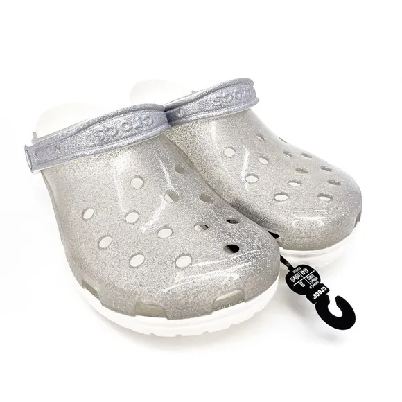 Crocs Translucent Glitter Clogs Women’s Size 12 White Gray Silver Shoe New NWT