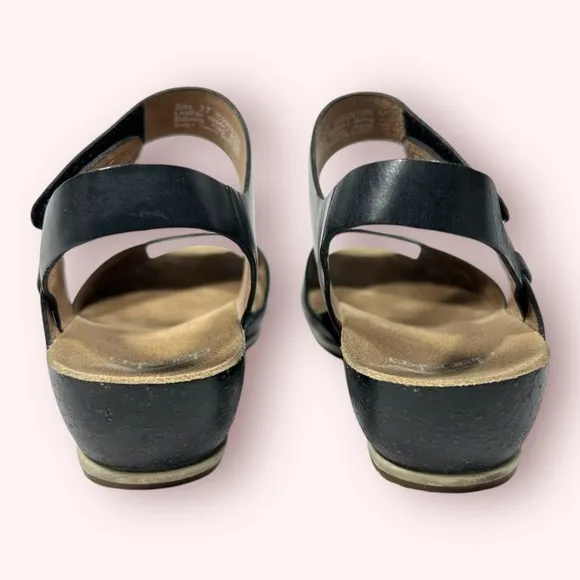 Dansko Vera Peep Toe Ankle Strap Leather Cork Wedge Sandals Womens Size 37 Black