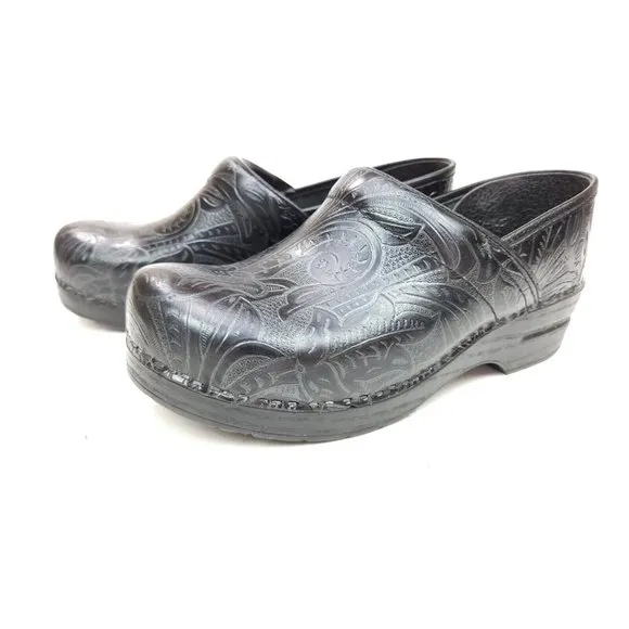 Dansko Womens Staple Clogs Shoes Black Floral Embossed 10.5-11 EUR 41