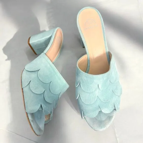 Dee Keller Scala Scalloped Suede Mule Heeled Sandals Size 39.5