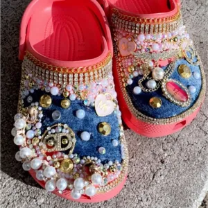Denim Blinged Crocs w Gold Flatbacks - Premade