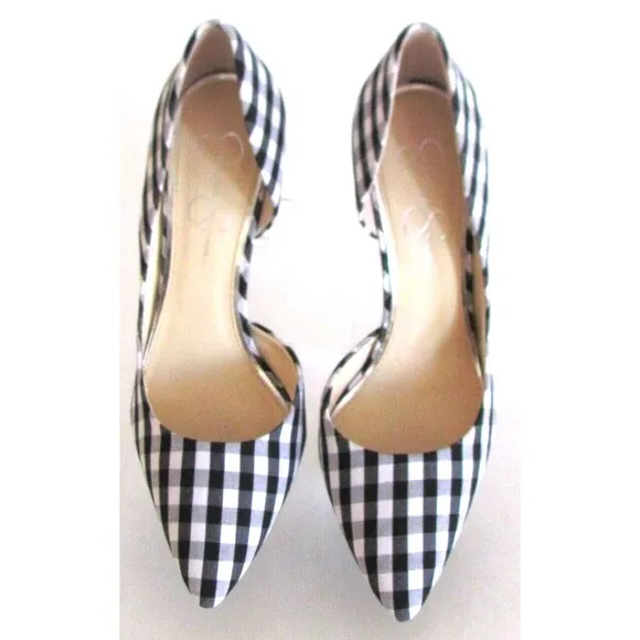 DESIGNER JESSICA SIMPSON BLACK/WHITE GINGHAM PRINT POINTED TOE HIGH HEELS 8.5 M