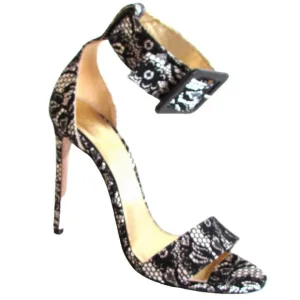 Designer Lerre Black/White Lace Ankle Strap Buckle Open Toe High Heel Sandals 8