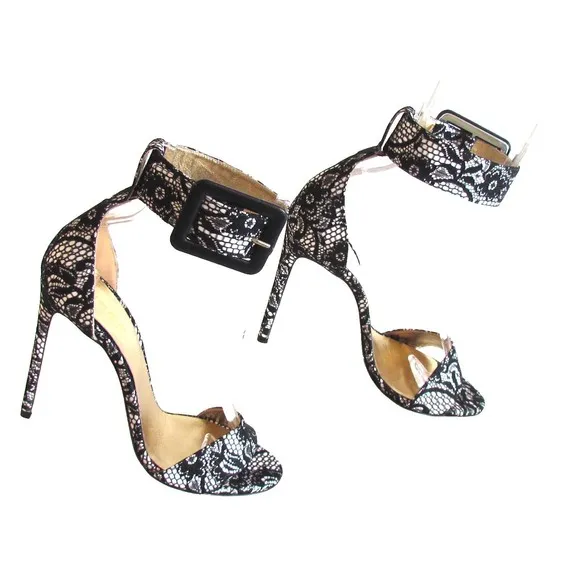 Designer Lerre Black/White Lace Ankle Strap Buckle Open Toe High Heel Sandals 8