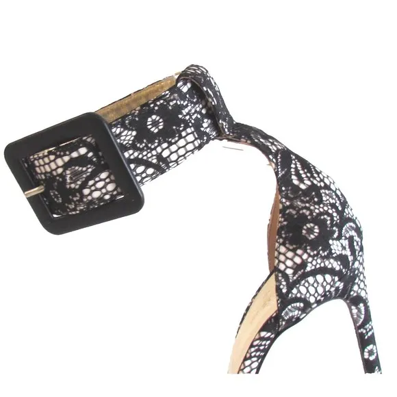 Designer Lerre Black/White Lace Ankle Strap Buckle Open Toe High Heel Sandals 8