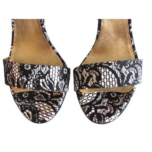 Designer Lerre Black/White Lace Ankle Strap Buckle Open Toe High Heel Sandals 8