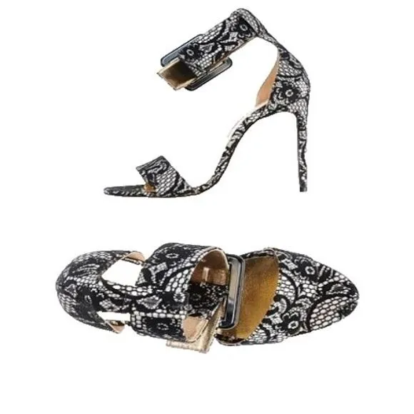 Designer Lerre Black/White Lace Ankle Strap Buckle Open Toe High Heel Sandals 8