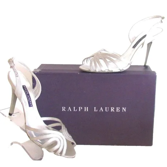 Designer Ralph Lauren Collection Silver Satin Art Deco Design Singback's 8.5 M