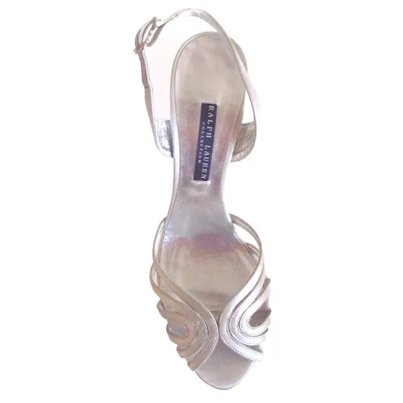 Designer Ralph Lauren Collection Silver Satin Art Deco Design Singback's 8.5 M