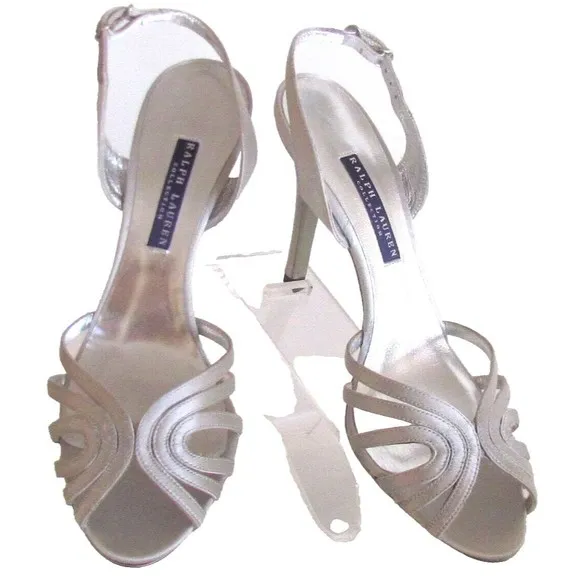 Designer Ralph Lauren Collection Silver Satin Art Deco Design Singback's 8.5 M