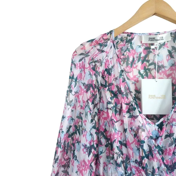 DIANE VON FURSTENBERG Kelby Floral Silk Mini Tiered Ruffle Pink Dress Size XS