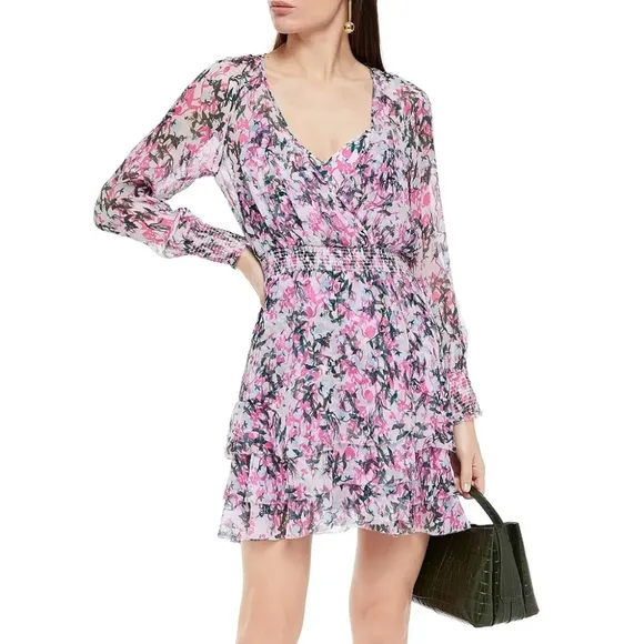 DIANE VON FURSTENBERG Kelby Floral Silk Mini Tiered Ruffle Pink Dress Size XS