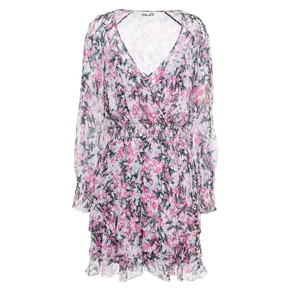 DIANE VON FURSTENBERG Kelby Floral Silk Mini Tiered Ruffle Pink Dress Size XS