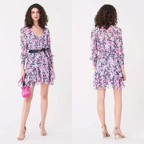 DIANE VON FURSTENBERG Kelby Floral Silk Mini Tiered Ruffle Pink Dress Size XS
