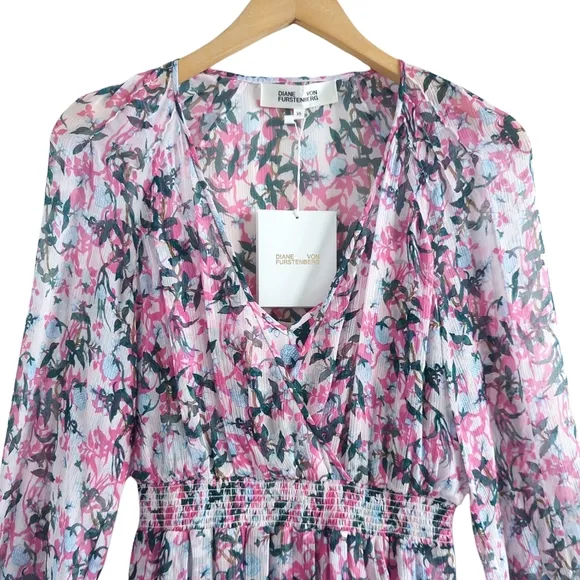DIANE VON FURSTENBERG Kelby Floral Silk Mini Tiered Ruffle Pink Dress Size XS