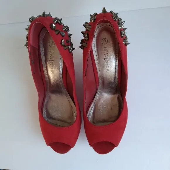 Diva Lounge Red Suede Peep Toe Rhinestone &amp; Spiked Stud Platform Wedges Sz 9