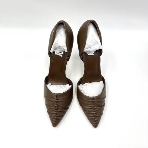 DKNY Maita Ruched Nappa Birch Brown Leather Stiletto Point Toe Heels Pumps Shoes