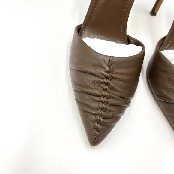 DKNY Maita Ruched Nappa Birch Brown Leather Stiletto Point Toe Heels Pumps Shoes