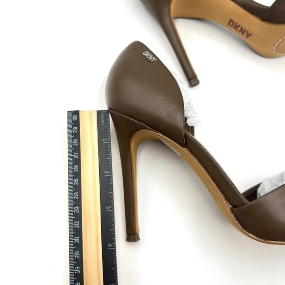DKNY Maita Ruched Nappa Birch Brown Leather Stiletto Point Toe Heels Pumps Shoes