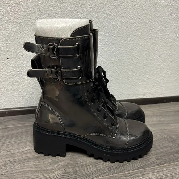 DKNY Womens Bart Metallic Mid Calf Lace Up Combat Boots
