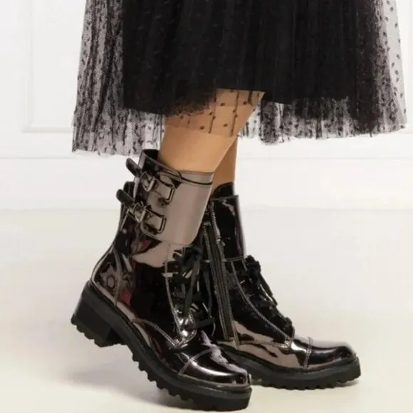 DKNY Womens Bart Metallic Mid Calf Lace Up Combat Boots