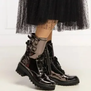 DKNY Womens Bart Metallic Mid Calf Lace Up Combat Boots