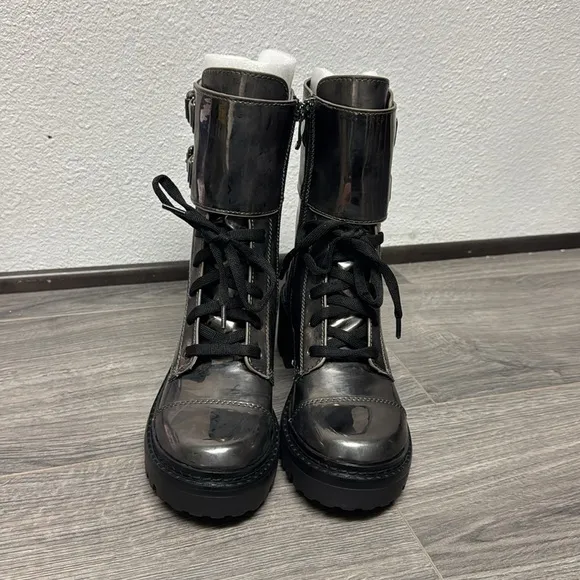 DKNY Womens Bart Metallic Mid Calf Lace Up Combat Boots
