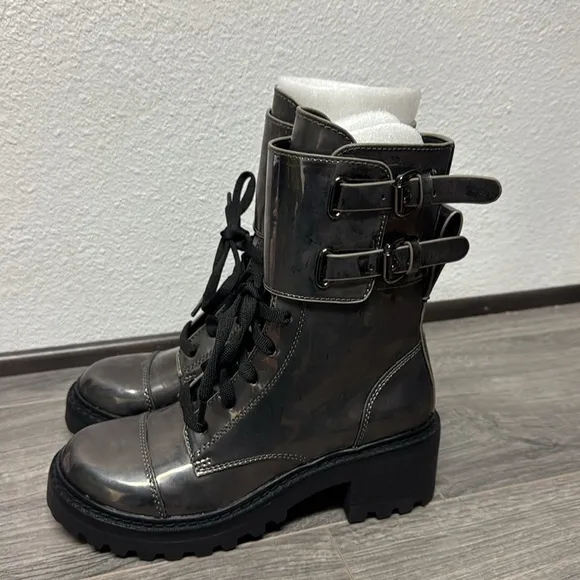 DKNY Womens Bart Metallic Mid Calf Lace Up Combat Boots