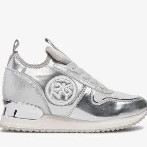 DKNY Womens Silver Logo Sabatini Round Toe Slip On Athletic Sneakers Shoes Sz 10